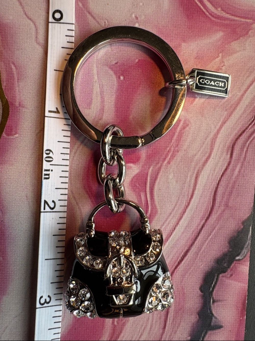 COACH Gray Enamel Mini Purse Keychain with Crystal Accents